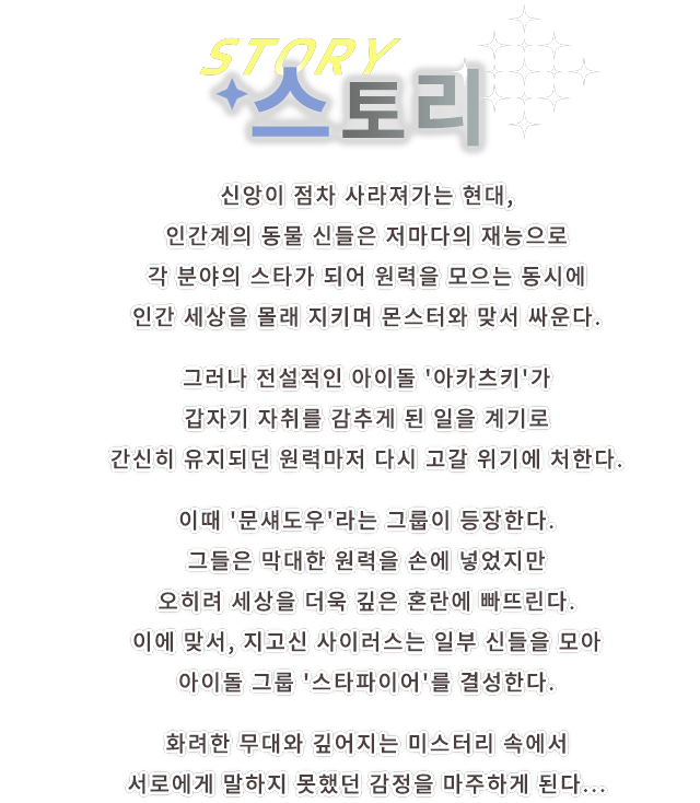 신앙이 점차 사라져가는 현대, 인간계의 동물 신들은 저마다의 재능으로 각 분야의 스타가 되어 원력을 모으는 동시에 인간 세상을 몰래 지키며 몬스터와 맞서 싸운다.
그러나 전설적인 아이돌 '아카츠키'가 갑자기 자취를 감추게 된 일을 계기로 간신히 유지되던 원력마저 다시 고갈 위기에 처한다. 이때 '문섀도우'라는 그룹이 등장한다. 그들은 막대한 원력을 손에 넣었지만 오히려 세상을 더욱 깊은 혼란에 빠뜨린다. 이에 맞서, 지고신 사이러스는 일부 신들을 모아 아이돌 그룹 '스타파이어'를 결성한다.
화려한 무대와 깊어지는 미스터리 속에서 서로에게 말하지 못했던 감정을 마주하게 된다... 게임 관련 정보, 신앙이 점차 사라져가는 현대, 인간계의 동물 신들은 저마다의 재능으로 각 분야의 스타가 되어 원력을 모으는 동시에 인간 세상을 몰래 지키며 몬스터와 맞서 싸운다.
그러나 전설적인 아이돌 '아카츠키'가 갑자기 자취를 감추게 된 일을 계기로 간신히 유지되던 원력마저 다시 고갈 위기에 처한다. 이때 '문섀도우'라는 그룹이 등장한다. 그들은 막대한 원력을 손에 넣었지만 오히려 세상을 더욱 깊은 혼란에 빠뜨린다. 이에 맞서, 지고신 사이러스는 일부 신들을 모아 아이돌 그룹 '스타파이어'를 결성한다.
화려한 무대와 깊어지는 미스터리 속에서 서로에게 말하지 못했던 감정을 마주하게 된다...
